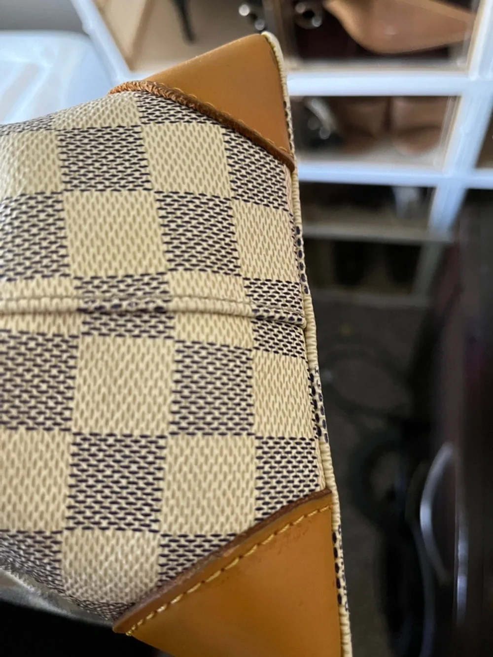 Damier Azur Hamptead MM leather Tote with Tan Leather Trims - Picture 12 of 15